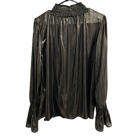 Worthington Metallic Black Gold Shimmer Blouse Smocked Collar Cuffs Sz XXL - Picture 2 of 9